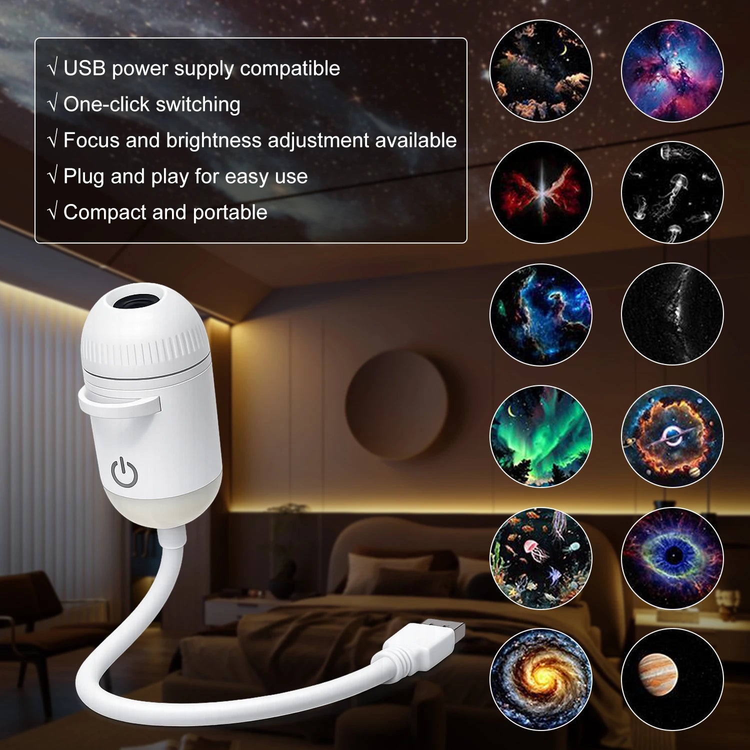 2 in 1 Usb Mini Galaxy Star Projector Night Light Optional Films Starry Sky Ambient Light for Car Home Decor for Adults and Kids