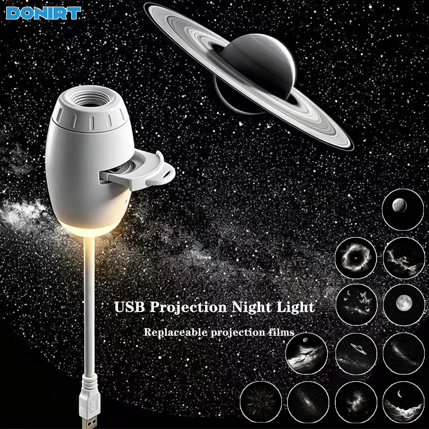 New 2 in 1 USB Projection Light Manual Focus Galaxy Projector Light Car Ambient Lamp Romantic Room Moon Saturn Star Night Lights